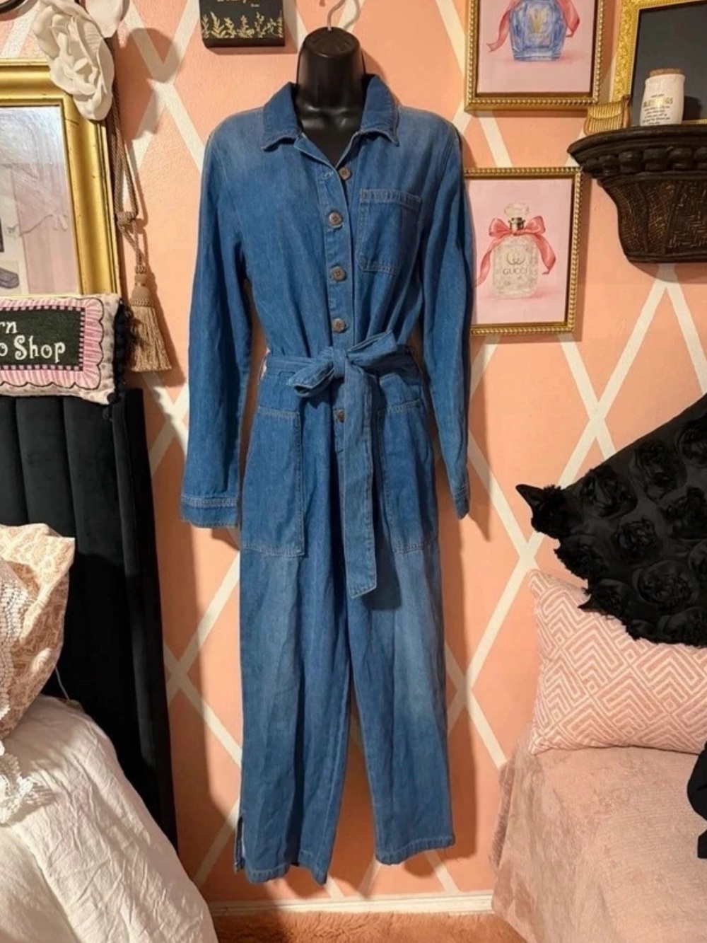 Oat New York Blue Denim Tie-Waist Jumpsuit